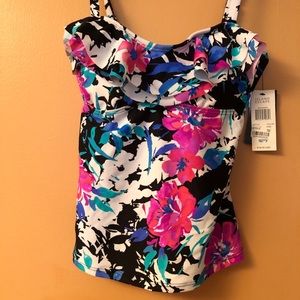 ISLAND ESCAPE Women's White Tropical Print Ruffled Mali Bloom Tankini Top Sz 8